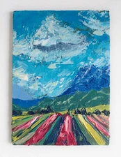 Patagonia Argentina Landscape Tulip Flower Field Mountain Impasto Painting