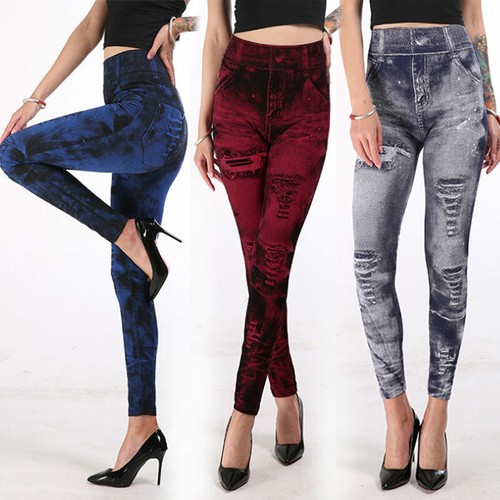 Women High Waist Frayed Jeans Trousers 