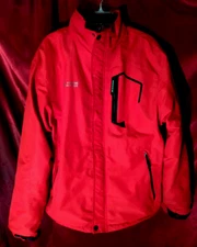 Red Winter Coat by Moerdeng, size Large, Black Fleece Lining, Zip Pockets