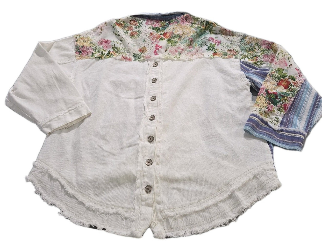 POL Patch Work Fabric Denim Flower Button Up Long… - image 4