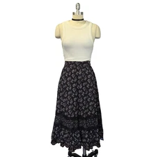 Gunne Sax Jessicas Gunnies Black Floral Print Midi Skirt Size S 9 Prairie