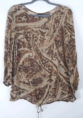 Talbot's 100% Silk Sheer Chiffon Blouse Sz 16 Brown Paisley Drawstring Hem READ