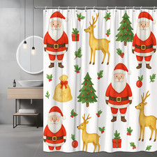 Christmas Shower Curtain with Santa, Reindeer, and Tree Design