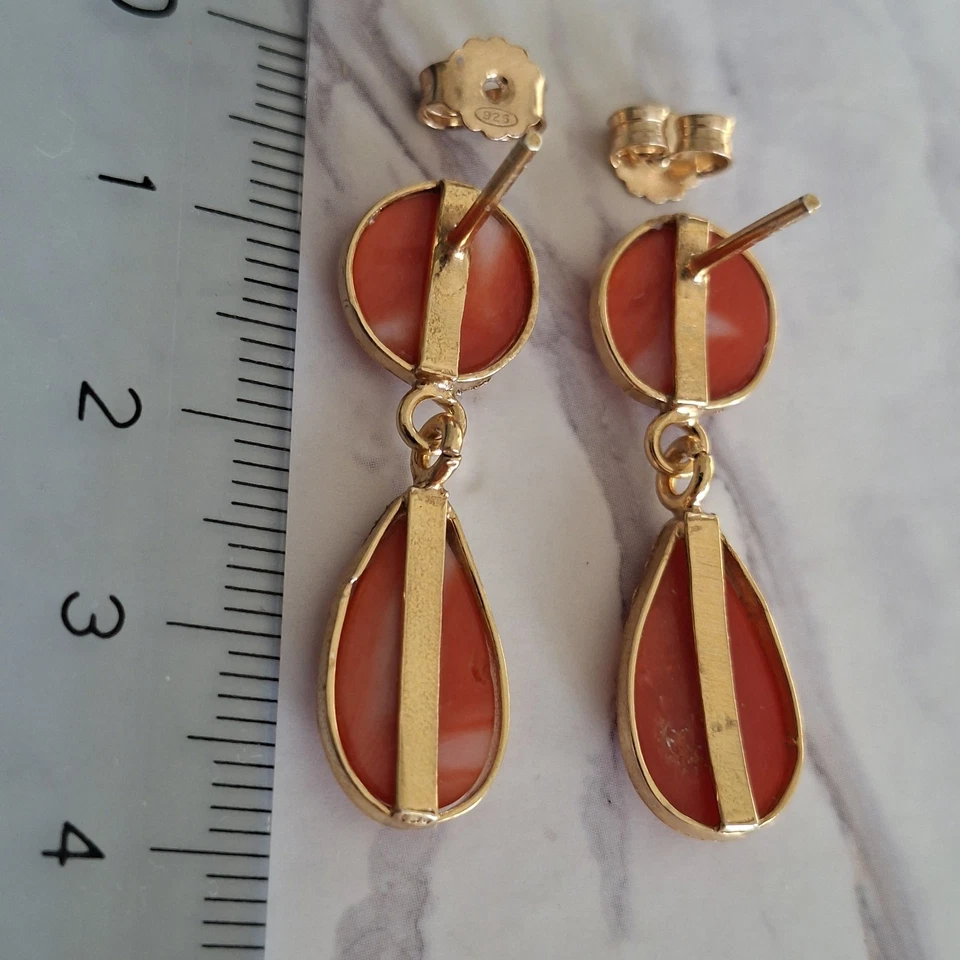 Antichi Orecchini A Goccia Vero Corallo Arancione Bottoni Argento 925 Oro - Immagine 4 di 4