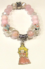 5" Girls Princess Peach Stretch charm bracelet Pink with bows  owl in Gift Box