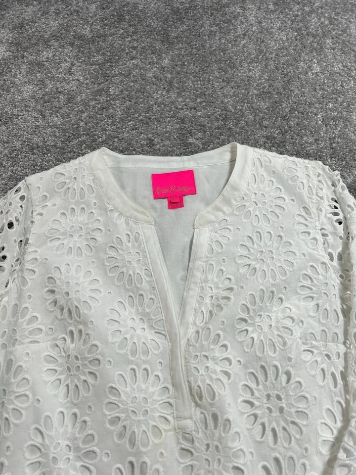 Lilly Pulitzer Mini Dress Womens Small White Cotton Floral Eyelet Pom Pom Trim - Image 3 of 4