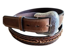 Twisted X Western Cowboy Ranger Tooled Leather Belt Barbed Wire Center Size 46