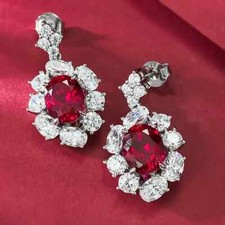 3Ct Oval Cut Lab-Created Red Ruby Halo Drop Dangle Earring 14K White Gold Plated