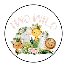 30 TWO WILD ENVELOPE SEALS LABELS STICKERS 1.5" ROUND 2ND BIRTHDAY JUNGLE SAFARI