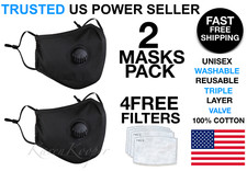 2 Reusable Washable Cotton Cloth Face Mask with Valve / Pocket 4 PM2.5 Filters