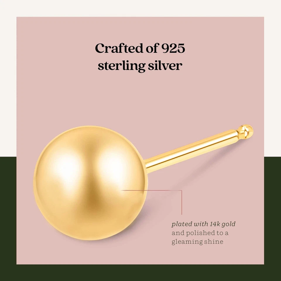 Aretes de bola de oro amarillo de 14k de plata de ley para mujer - hipoalergénicos... Foto 4 de 4
