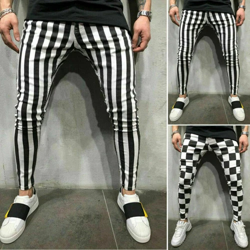 DE uomo a righe a quadri nero bianco pantaloni estivi slim tempo libero comodi pantaloni @ - Foto 5 di 15