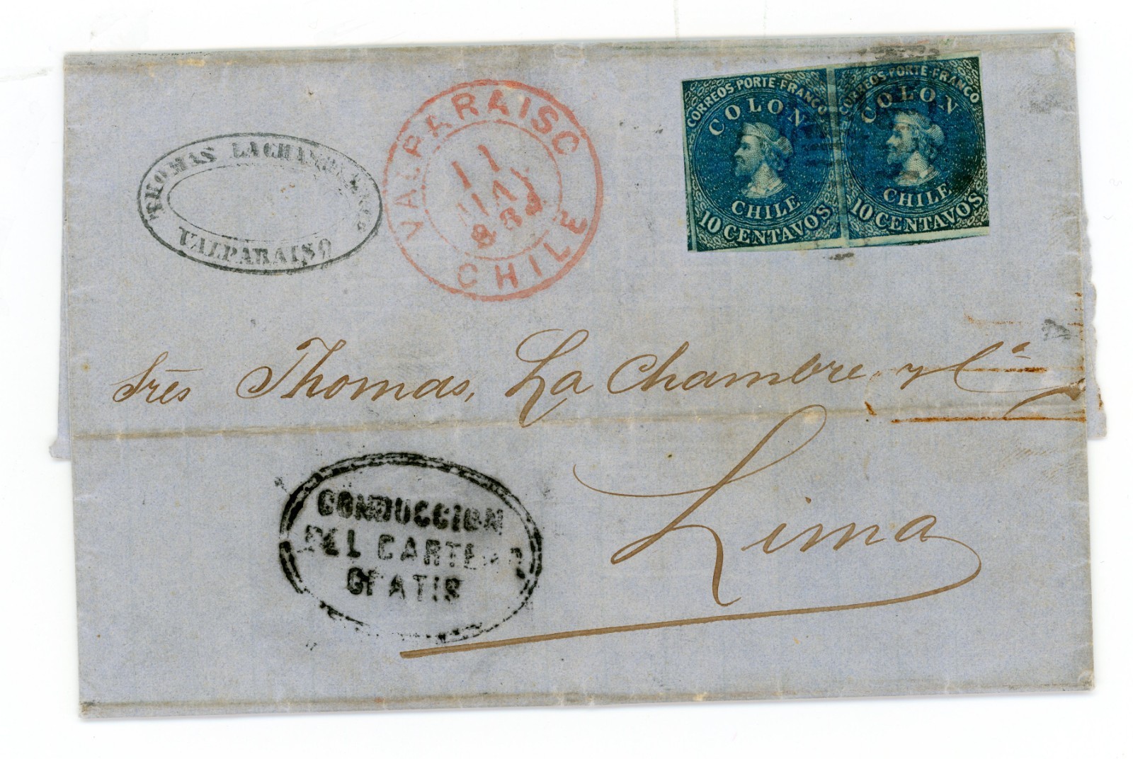 CHILE VALPARAISO 5/11/1864 10c PAIR ON CMPLT FL TO LIMA "CARTERO GRATIS" CACHET