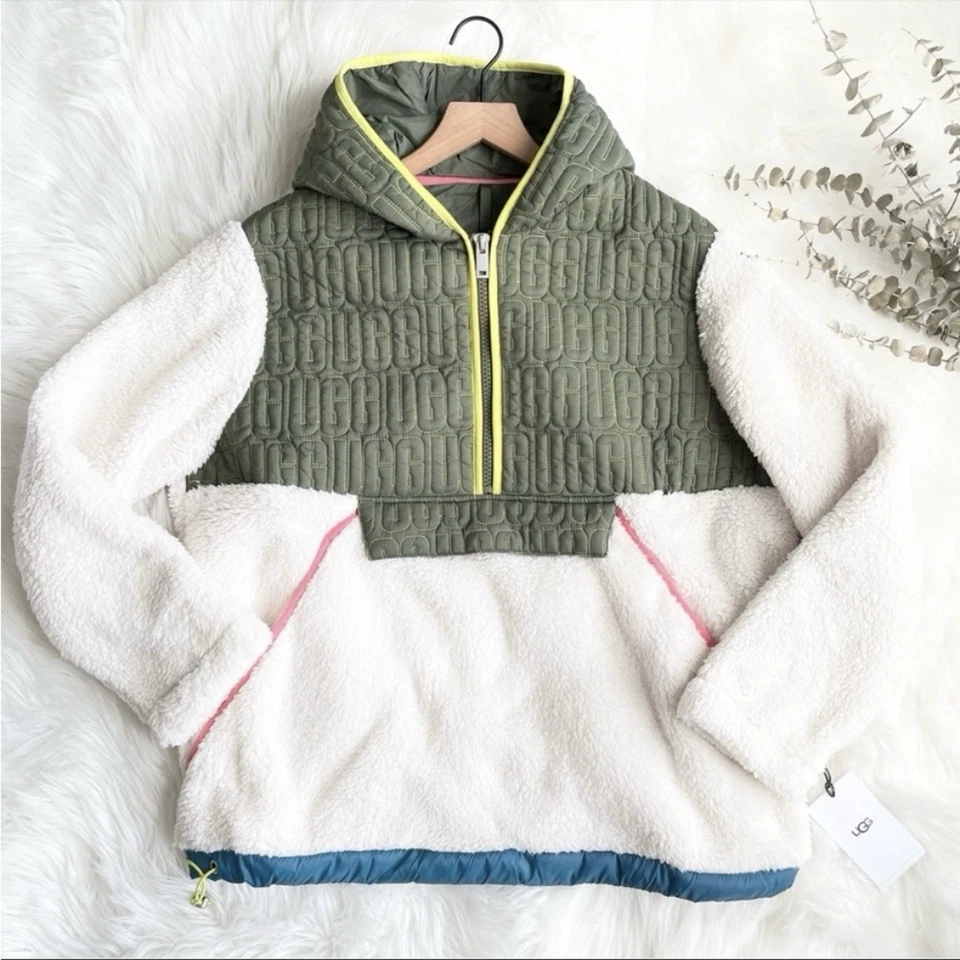 UGG Iggy 夹克人造毛皮夏尔巴 1/2 拉链套衫连帽绿色面霜大号 W