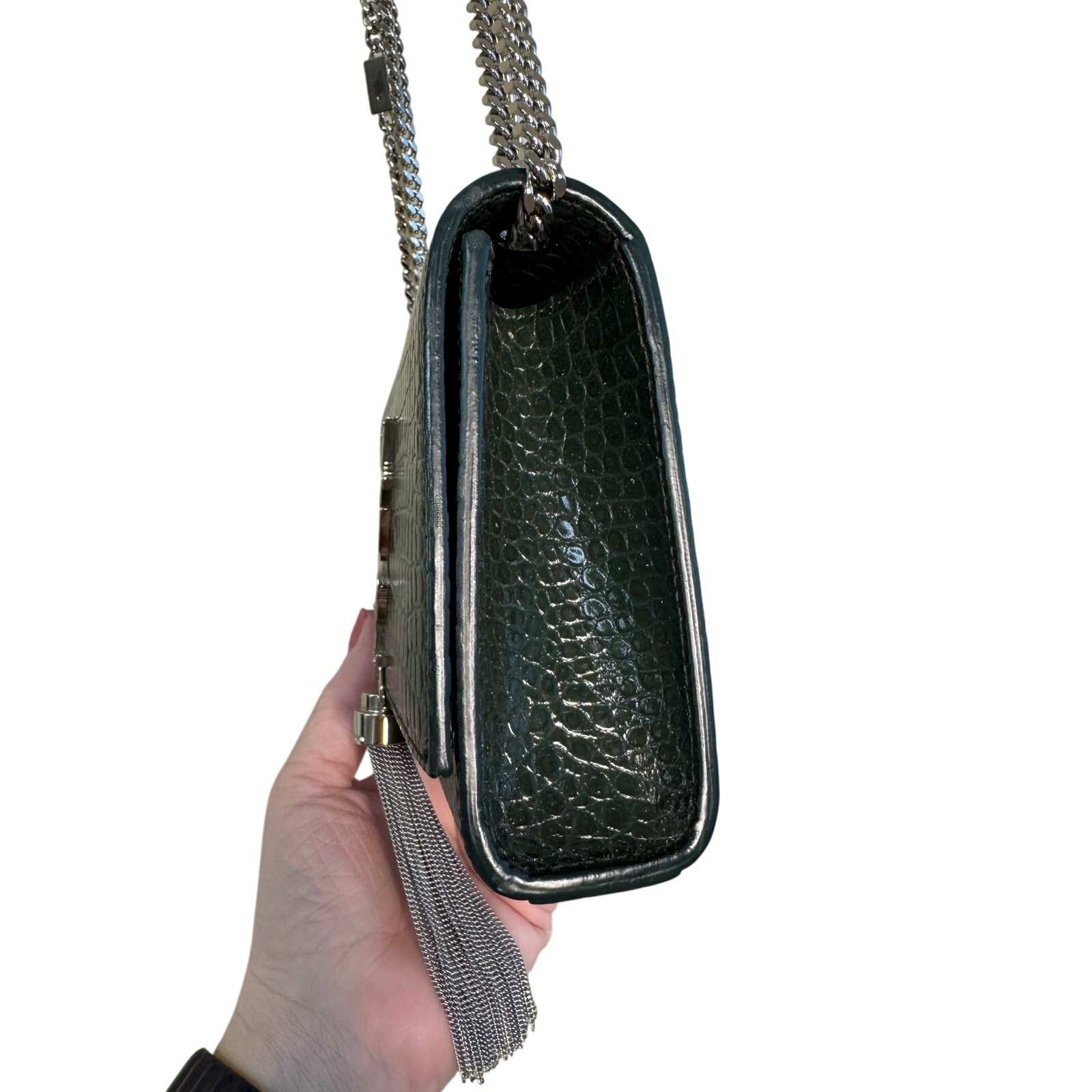 Borsa Saint Laurent nuova senza etichette Kate Medium nappa goffrata in croc verde