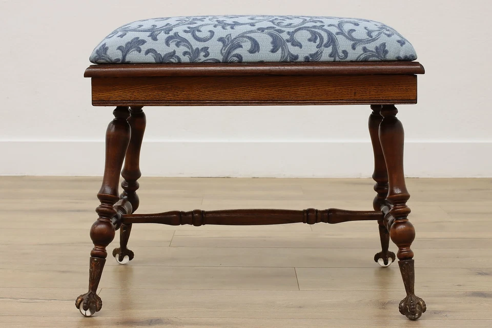 Banco o taburete victoriano antiguo con pie de bola de vidrio tela nueva #55122 Foto 4 de 4