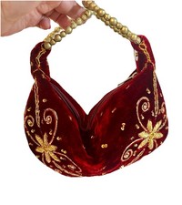 Gold Embroidered Circle Purse Velvet Red With Embellishment  Silk Lined Zipper