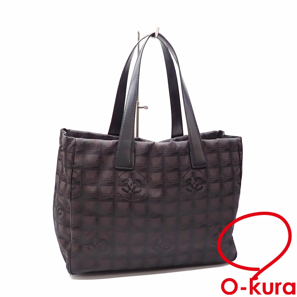 Preowned CHANEL Neutral Travel Tote MM Brown Nylon Jacquard Bag