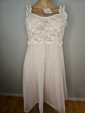 Vintage Vanity Fair Tricot Nightgown white Lace Top Pink Chiffon Bottom Size 36