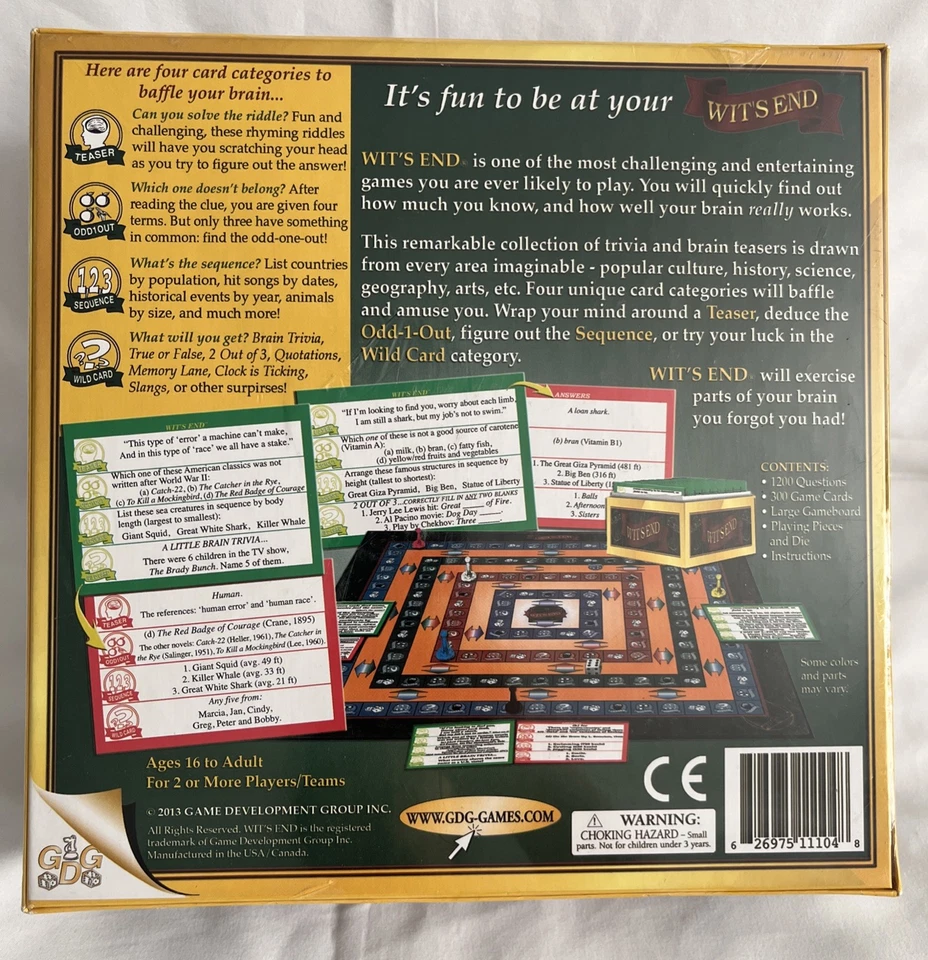 Wit's End Board Game Brand New Sealed Gold Seal Of Excellence 2013 - Image 2 of 3