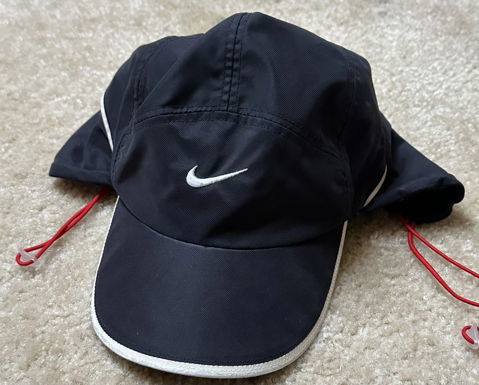 Vintage Nike Hat Cap Strap Back Black Ear Flap Fleece Lined Outdoor Mens Rare