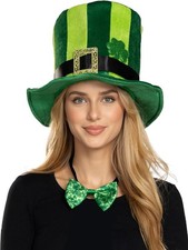 Adult St. Patrick's Day Hat, Green Stripe Irish Plush Shamrock Top Hat with Bow