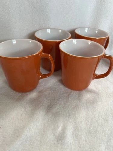 Set of 4 Vintage Pyrex Corning Burnt Orange Milk Glass Coffee Cups D Handle