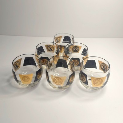 Vintage Cera 4oz Roly Poly Glasses Set of 5 Black & 24k Gold US Coins USA 1960s