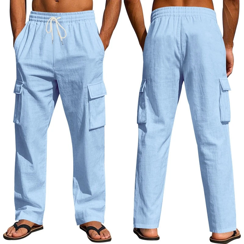 Ropa de trabajo para hombre Pantalones rectos de lino de varios bolsillos de lino cuatro estaciones Finos Breatha Foto 3 de 4