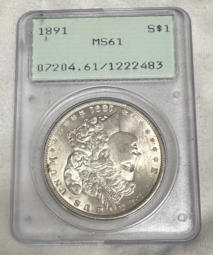 1891 Morgan Silver Dollar Coin, PCGS MS-61 Old Green Rattler  Bu Toned Ms