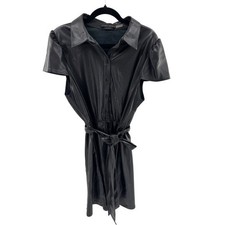 Alice + Olivia Black Faux Leather Shirt Dress Puff Sleeve Belted  Size 12