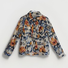 Chicos Jacket 1 Linen Blend Southwestern Aztec Trucker Art to Wear Colorful M L