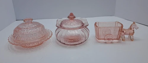 Jeanette Pink Depression Glass Adam Candy Dish Holiday Butter Dish Donkey & Cart