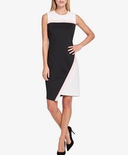TOMMY HILFIGER ColorBlocked Asymmetric Dress Business Cocktail White Black Sz 16
