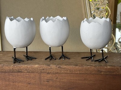 Egg with Metal Feet Ceramic Plaster Like Cracked Egg Whimsical Display Set Of 3