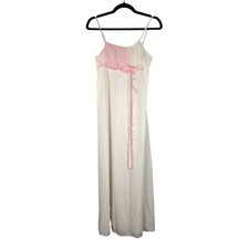 VTG Van Raalte Nightgown Womens 34 White Pink Nylon Chemise Gown Maxi Bow 60s