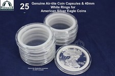 25 Airtite Coin Capsules with WHITE Rings for 1oz American Silver Eagle 40.6mm