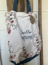 Nordstrom Reusable Canvas Tote Bag "Hello Spring" Floral Blue Interior Pocket