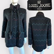 Vtg Louis Joone Japanese Brand Nubby Black Wool Coat Fur Tassels M
