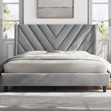 Queen Size Platform Bed Frame with Upholstered Headboard and Wingback,Light Grey