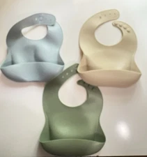 Set of 3; PandaEar Silicone Bib BPA Free, 100% Food Grade, Brown, Blue, Green