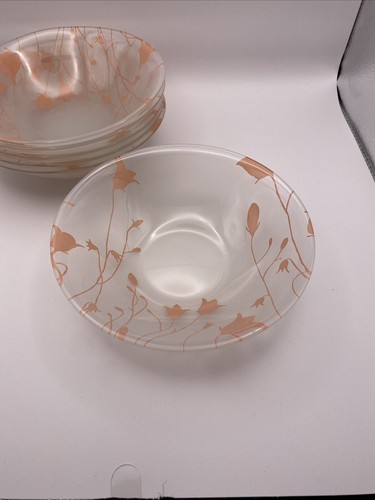 Set Of 6 Arcoroc Soup Bowls with Frosted Pink/Salmon Floral Design from France