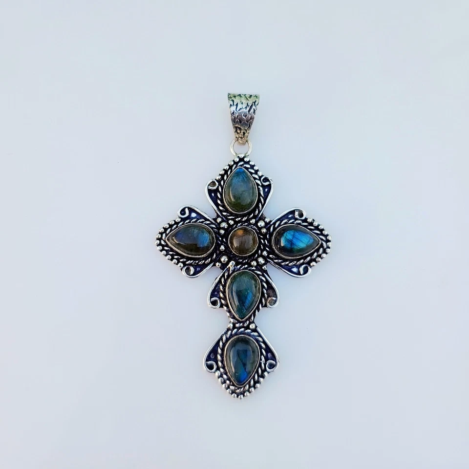 Labradorite Cross Pendant 925 Sterling Silver Handmade Gemstone Jewelry 2.85" - Image 4 of 4
