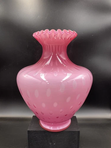 1960’s FENTON 11” WILD ROSE BUBBLE OPTIC CRIMPED TOP VASE -GORGEOUS-