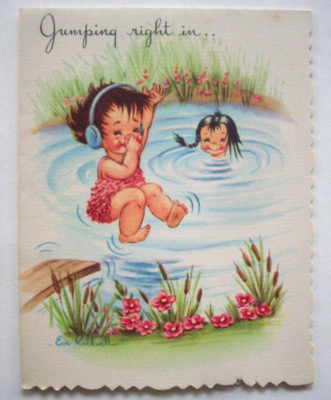 Girls swimming Eve Rockwell vintage UNUSED Birthday greeting card *FF15