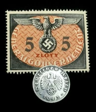 German WWII Rare 1 Rp Zinc Coin (1940-1945) & 5 Zloty Stamp MNH Historical Set