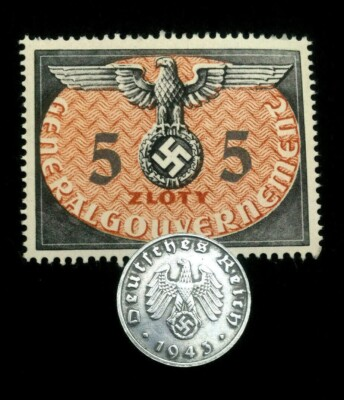 #ad #ad German WWII Rare 1 Rp Zinc Coin 1940 1945 amp; 5 Zloty Stamp MNH Historical Set $9.93