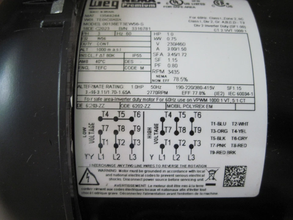 WEG 00136ET3EW56-S Premium Motor, 1 HP, 3435 RPM, 230/460V, 3 Ph, W56, 13548244 - Image 3 of 4
