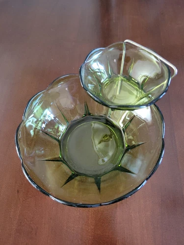 Vintage Avocado Green Chip & Dip Set Anchor Hocking Swedish Modern