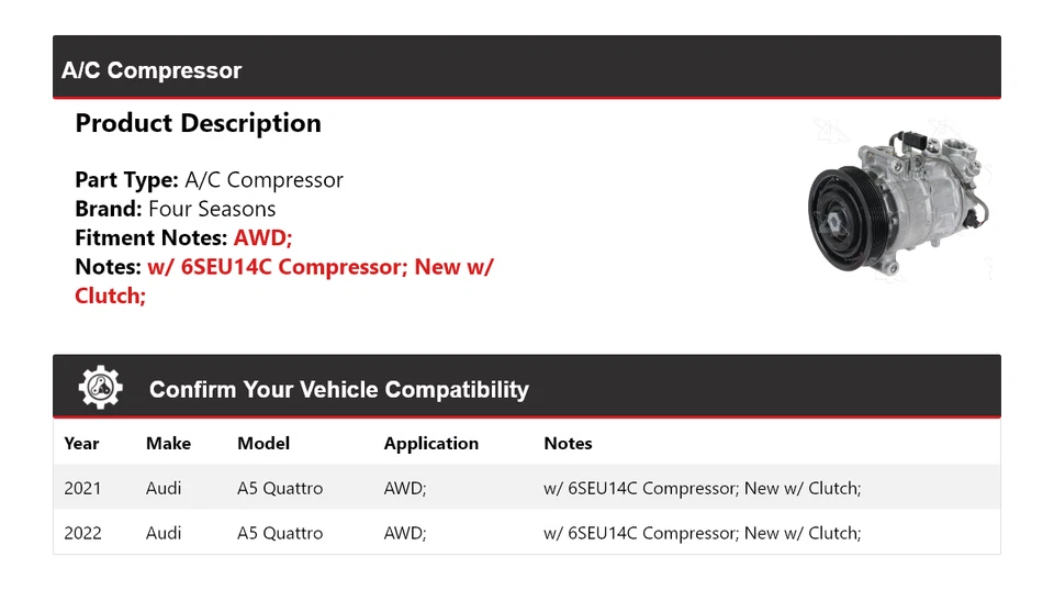 Compresor de aire acondicionado para Audi A5 Quattro 2021-2022 AWD 4 estaciones Foto 2 de 4